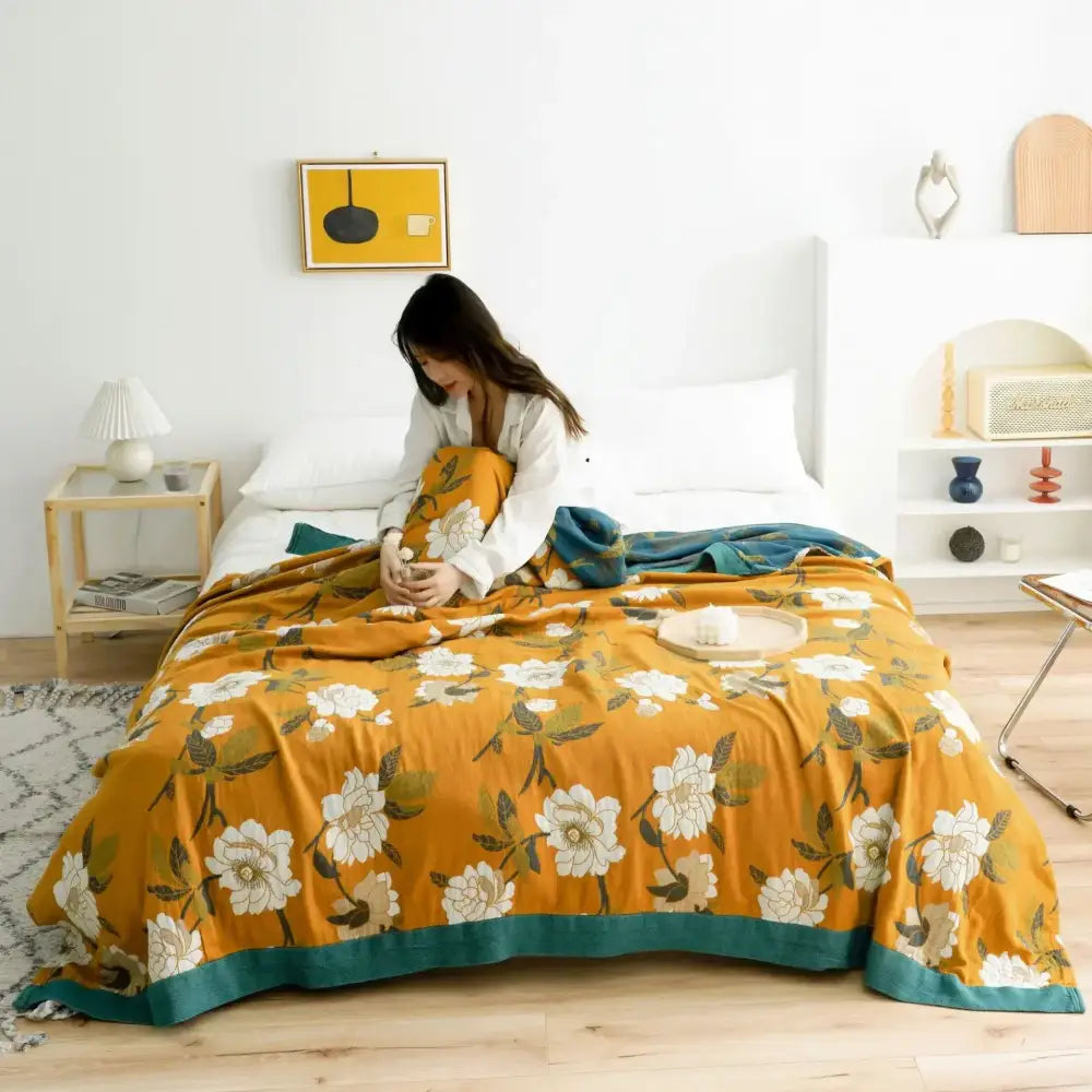 Yellow navy & white cotton gauze soft throw blanket bedroom
